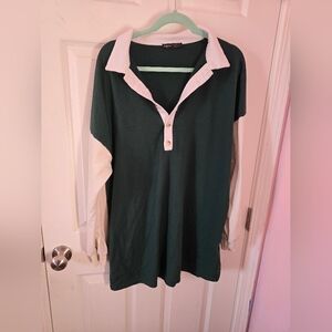 SHEIN Green and White Color Blocked Long Sleeve Collared Mini Dress Large
